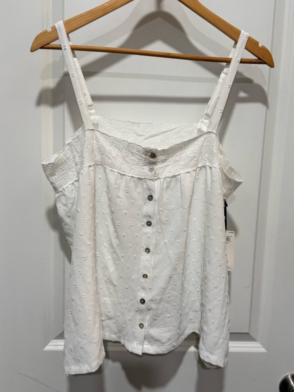 Laura Ashley White Eyelet Lace-Trim Button-Front Camisole Adjustable Straps